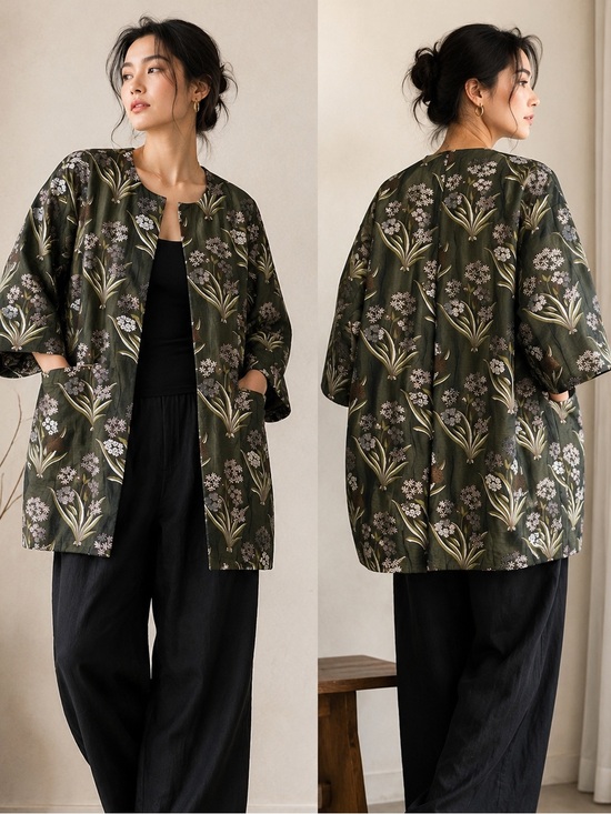 H&M Jackets & Blazers - H&M Jacquard Floral Cocoon Open Front Jacket Coat Size 4
